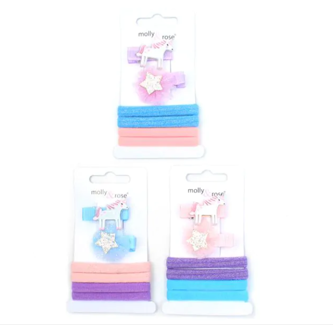 Unicorn motif clips & jersey elastics set