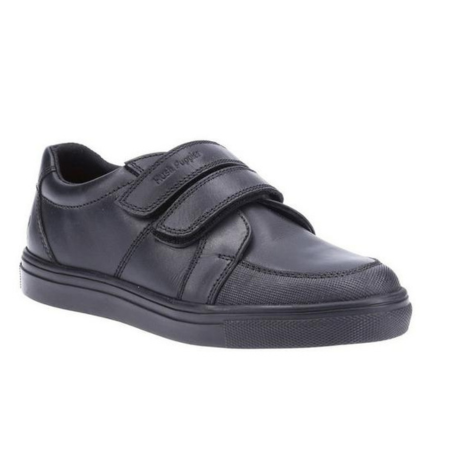 Hush Puppies Santos Black Leather Riptape School Shoe