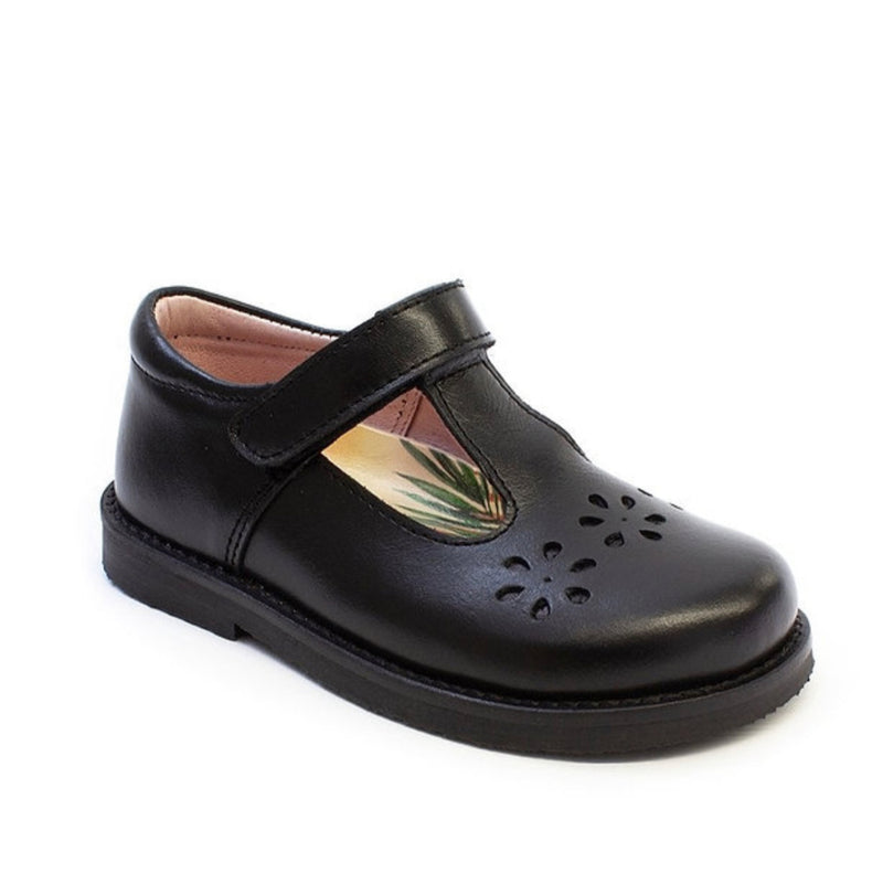 Petasil Clara - Black Leather T-Bar School Shoe - Elves & the Shoemaker